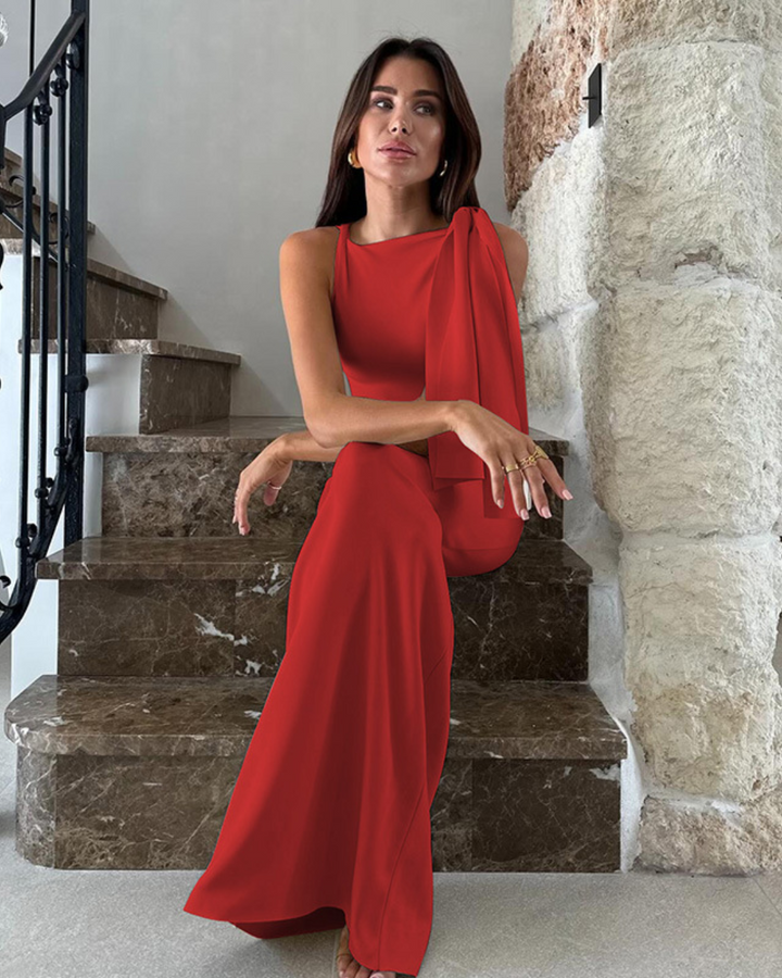 CAITLYN SOPHISTICATED TIE-SHOULDER LONG DRESS