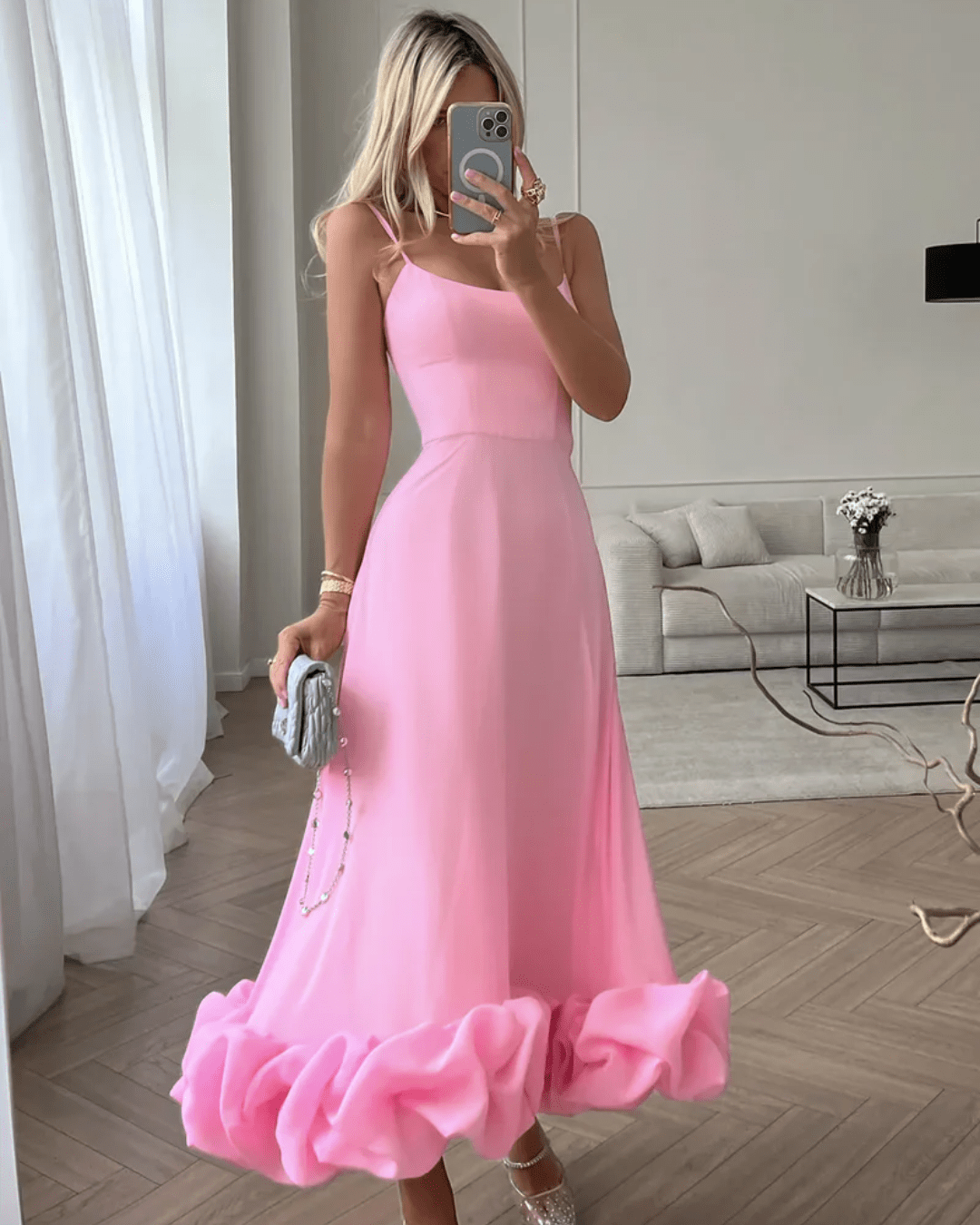 CELINE ELEGANT RUFFLED MIDI DRESS