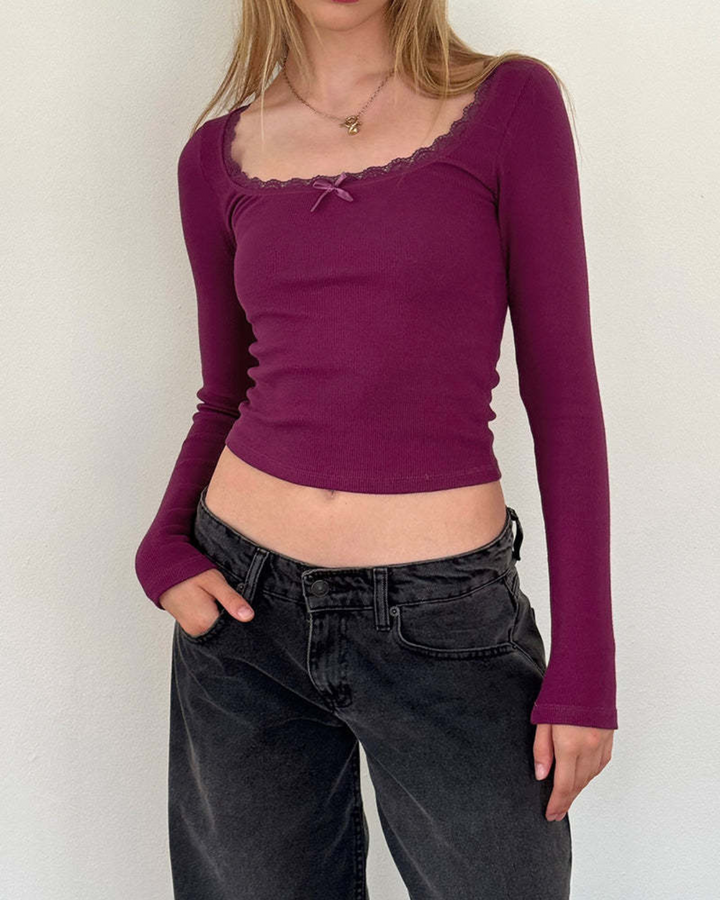 VIENNE SOFT LACE LONG SLEEVE CROP TOP