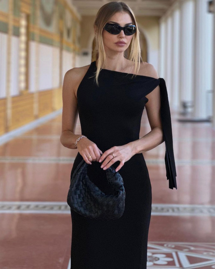 CAITLYN SOPHISTICATED TIE-SHOULDER LONG DRESS