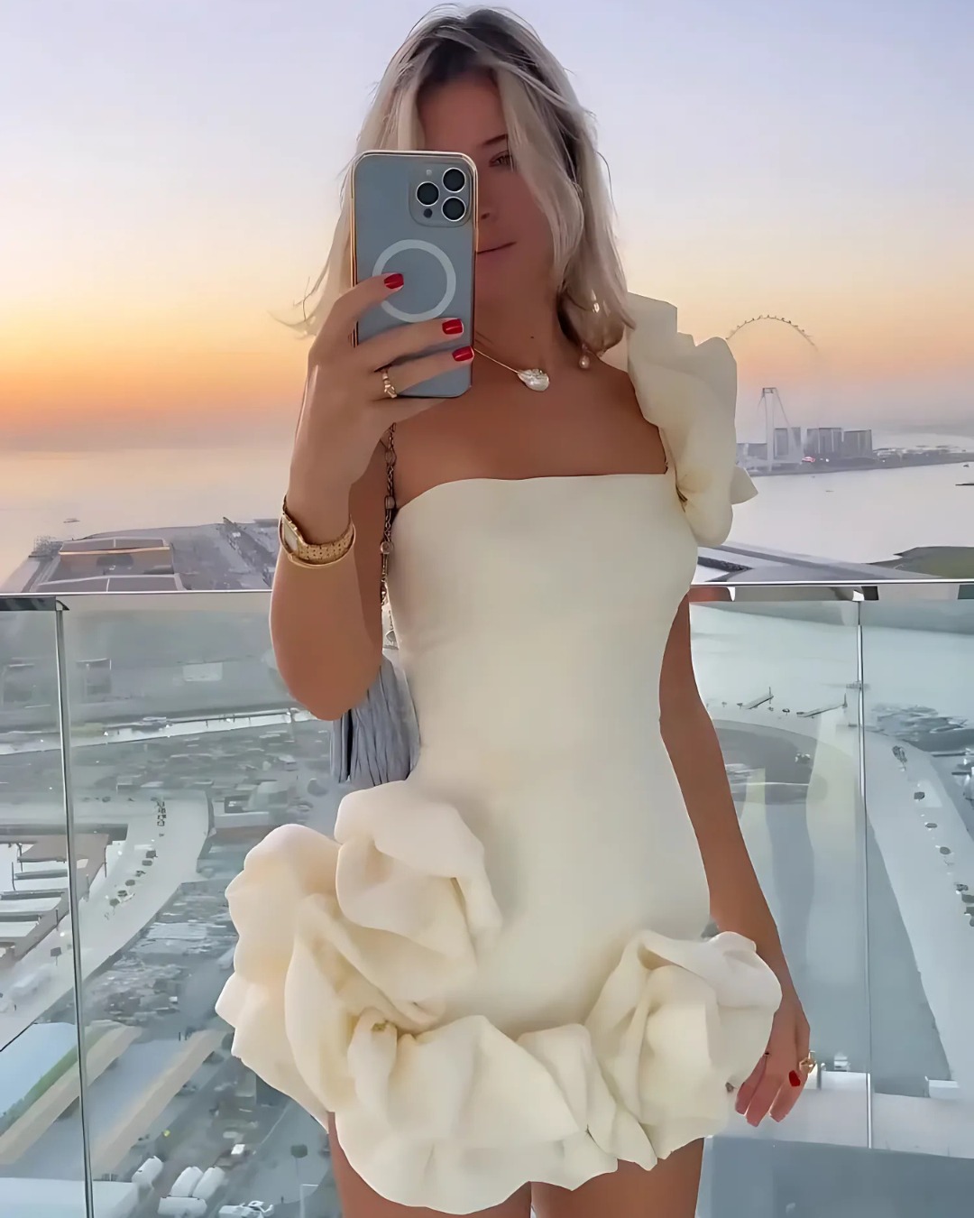 ELODIE LUXE OFF-SHOULDER MINI DRESS