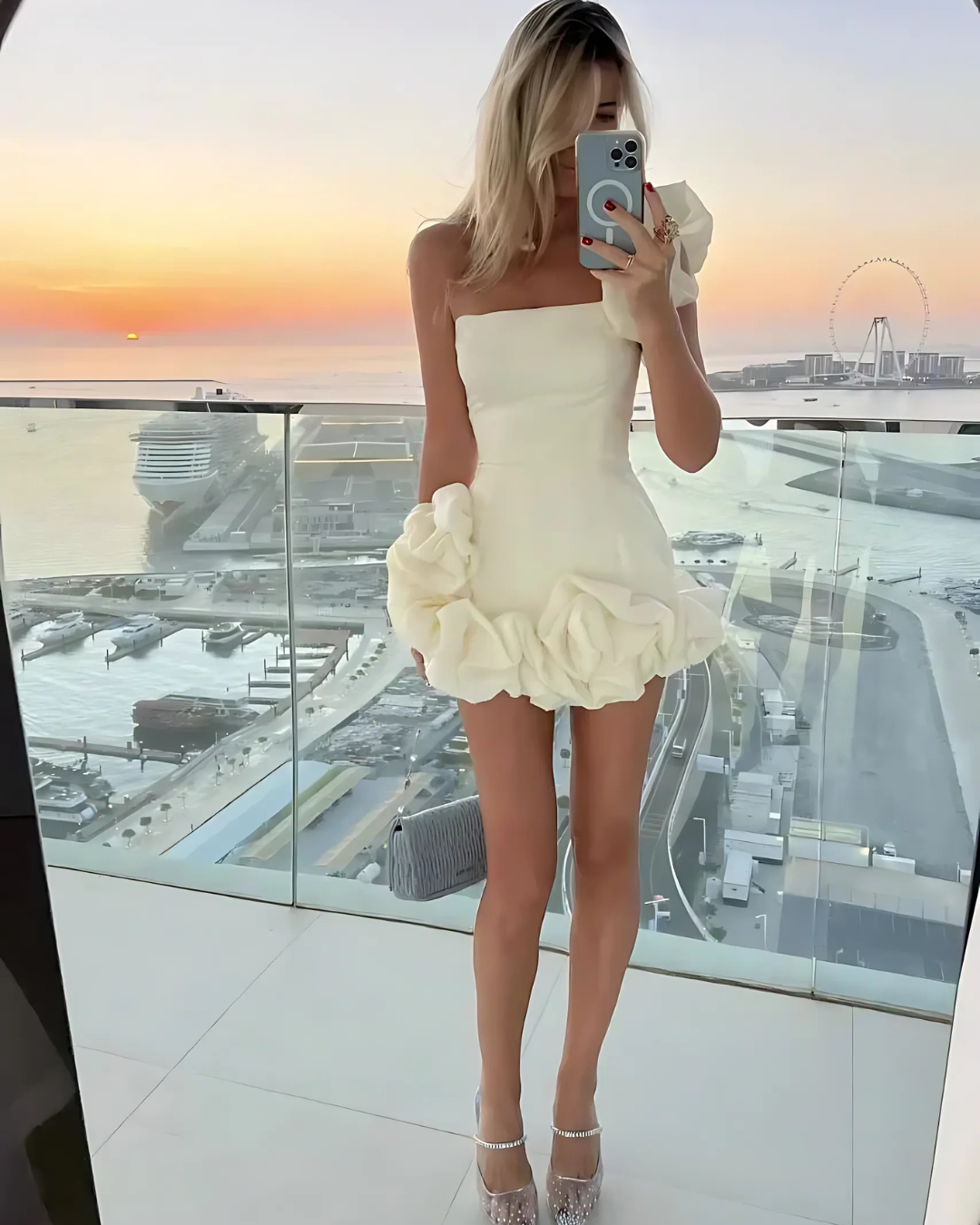 ELODIE LUXE OFF-SHOULDER MINI DRESS
