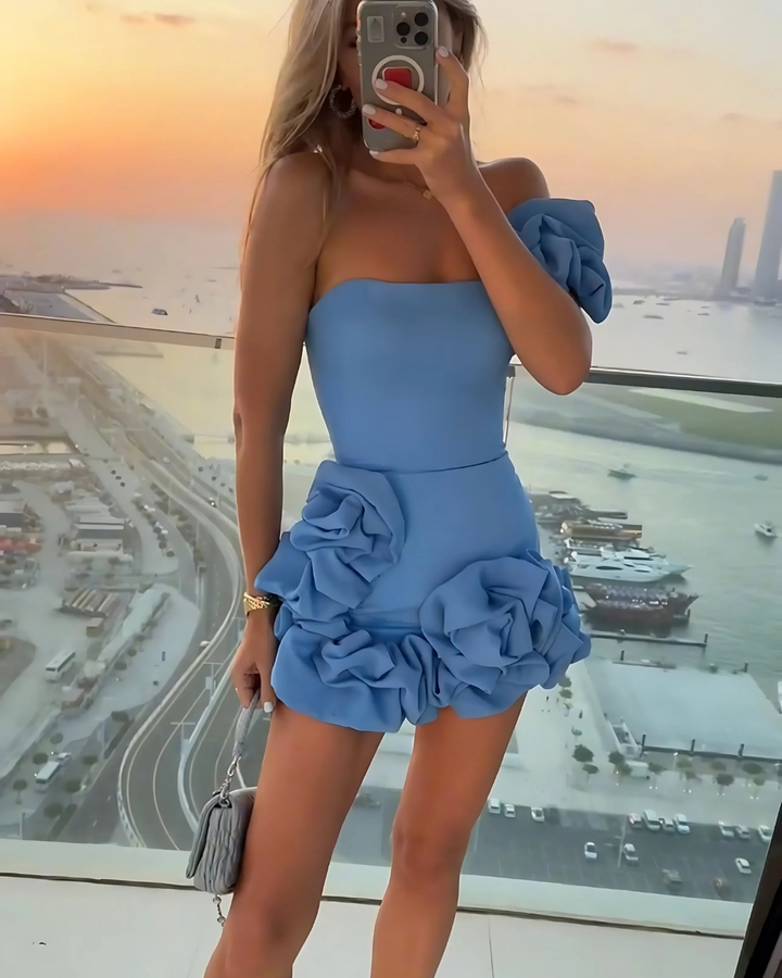 ELODIE LUXE OFF-SHOULDER MINI DRESS