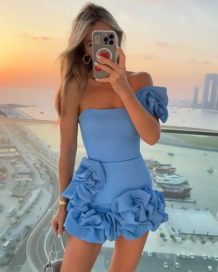 ELODIE LUXE OFF-SHOULDER MINI DRESS
